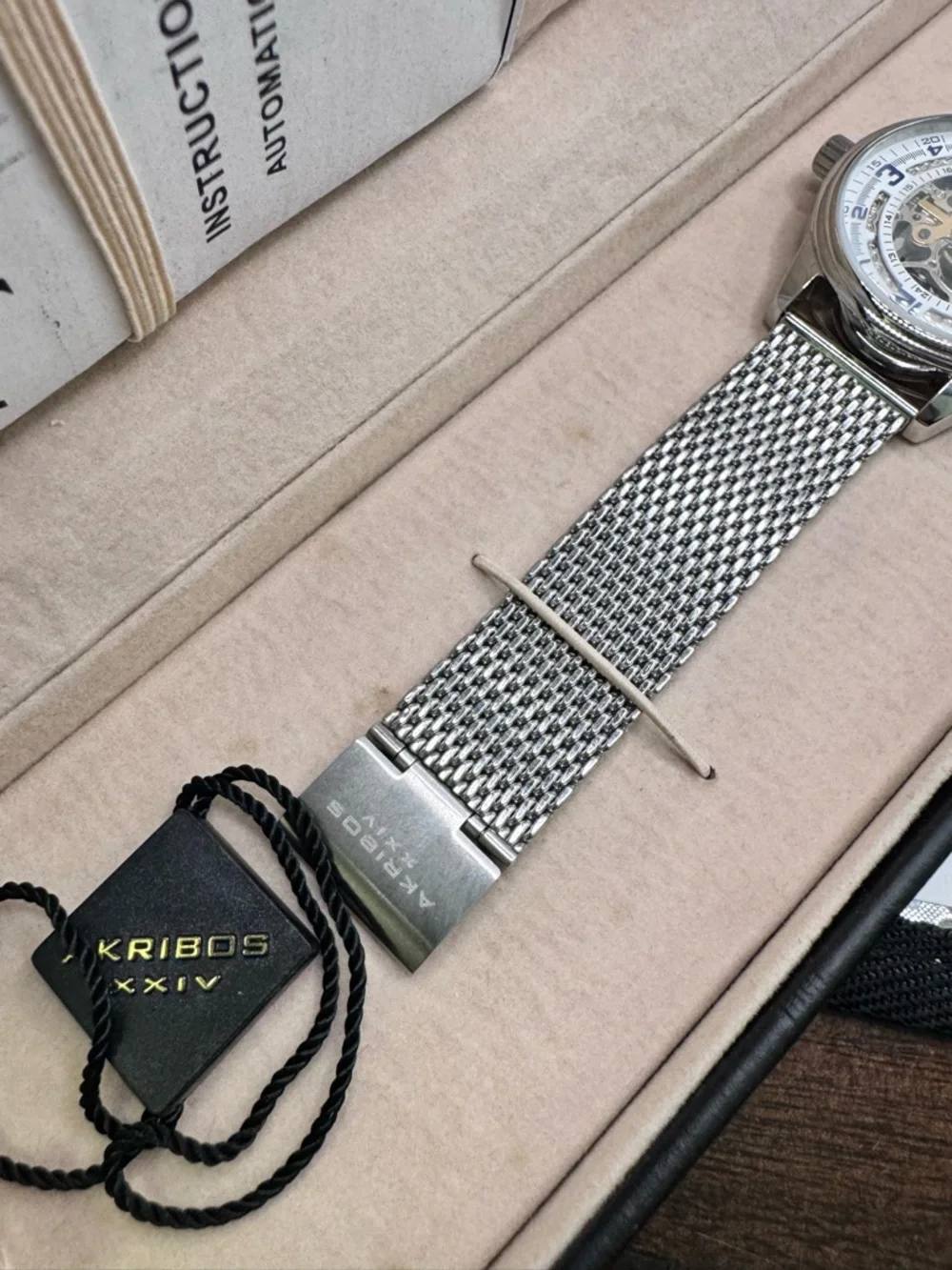 Akribos XXIV Men's Automatic Skeleton Watch Blue Hands Mesh Band New in Box